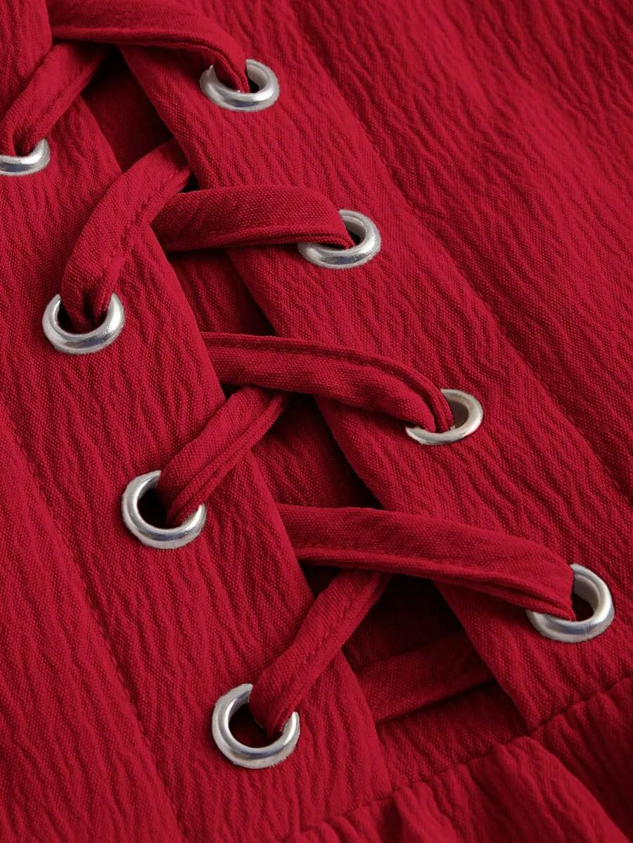 SHEIN MOD فستان نسائي بياقة مربعة ورباط أمامي وأكمام منتفخة بلون أحمر