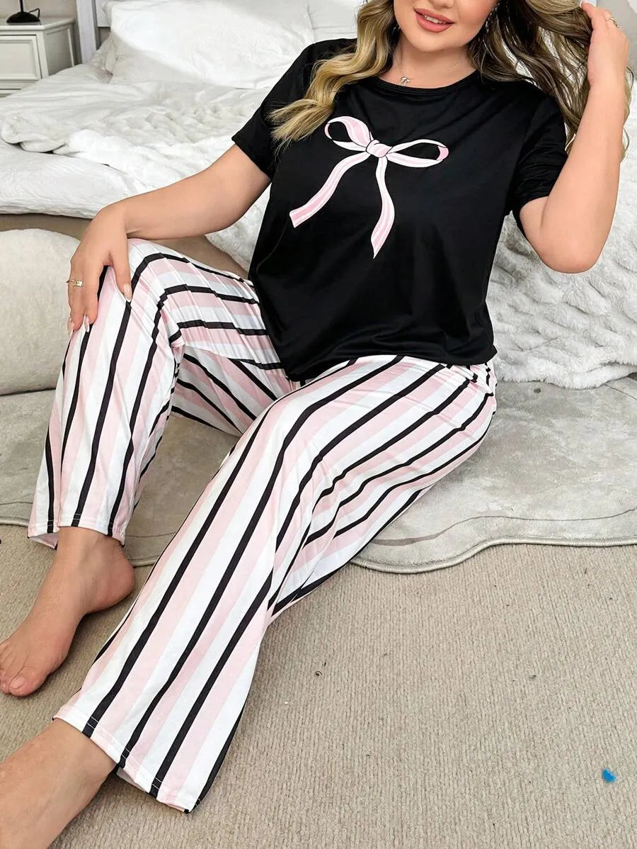SHEIN طقم بيجامة نسائي بلون متعدد الألوان بفيونكة وبنطال مخطط وأكمام قصيرة