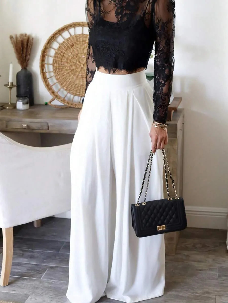 SHEIN فلوريا بنطلون أبيض طويل واسع بخصر عالي