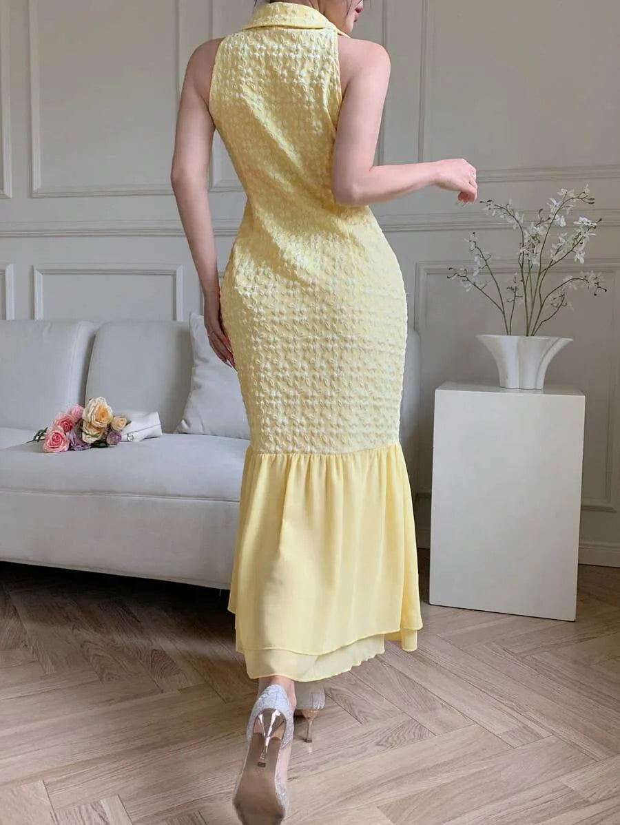 SHEIN Modelyn فستان ميدي بدون أكمام بياقة غربية وخصر مرتفع ونقشة نباتات بلون أصفر