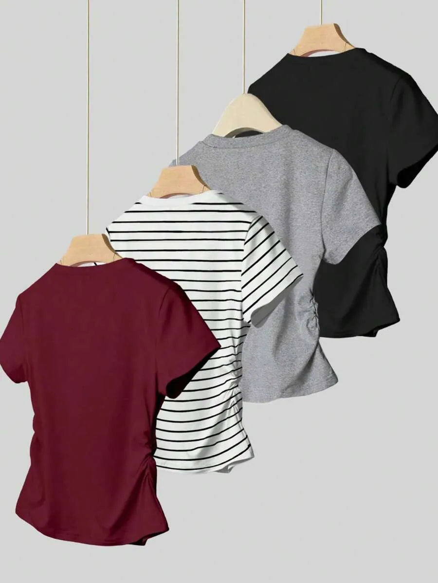 SHEIN تي شيرت نسائي ضيق مخطط بأكمام قصيرة بلون الأسود