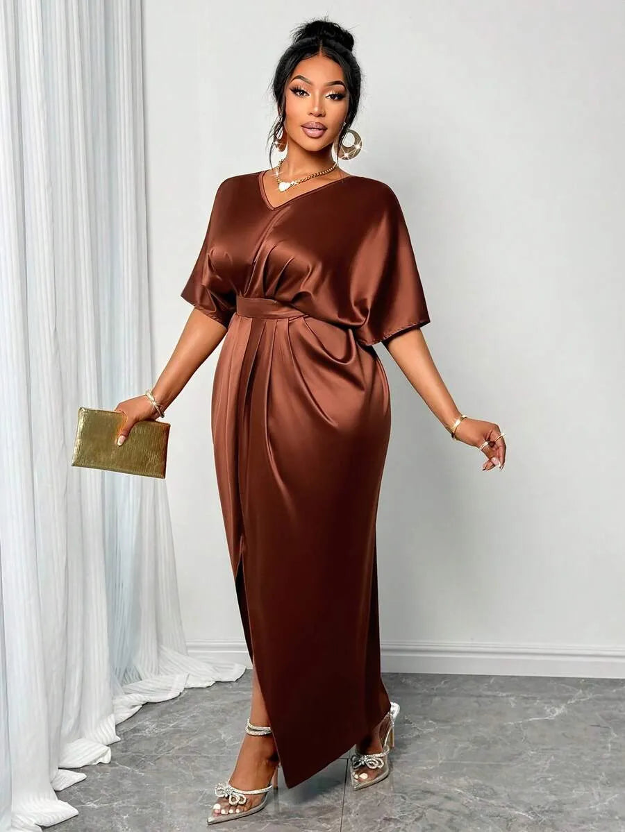 SHEIN SOLERSUN فستان نسائي ماكسي أنيق بلون بني لامع