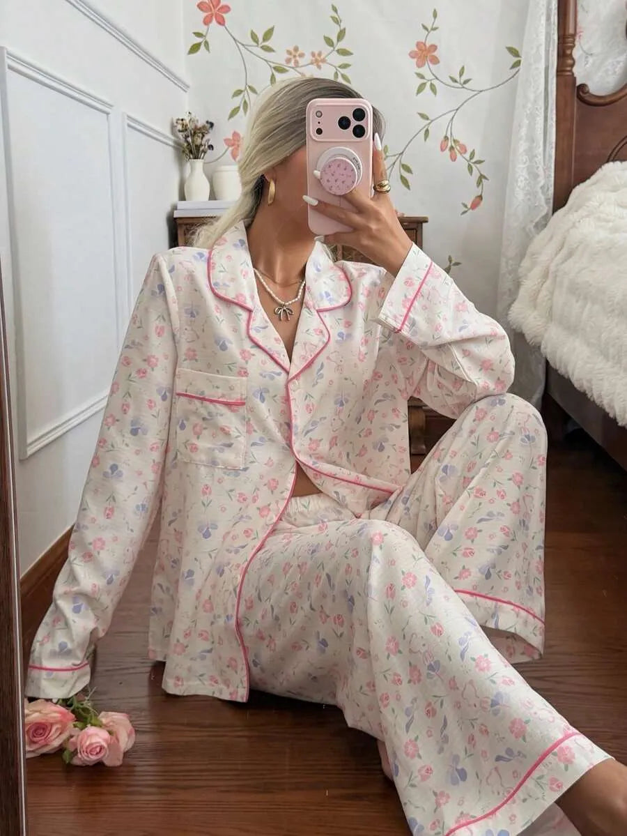 SHEIN CottageSlumber طقم بيجامة قطعتين كارديجان وبنطال طويل متعدد الألوان