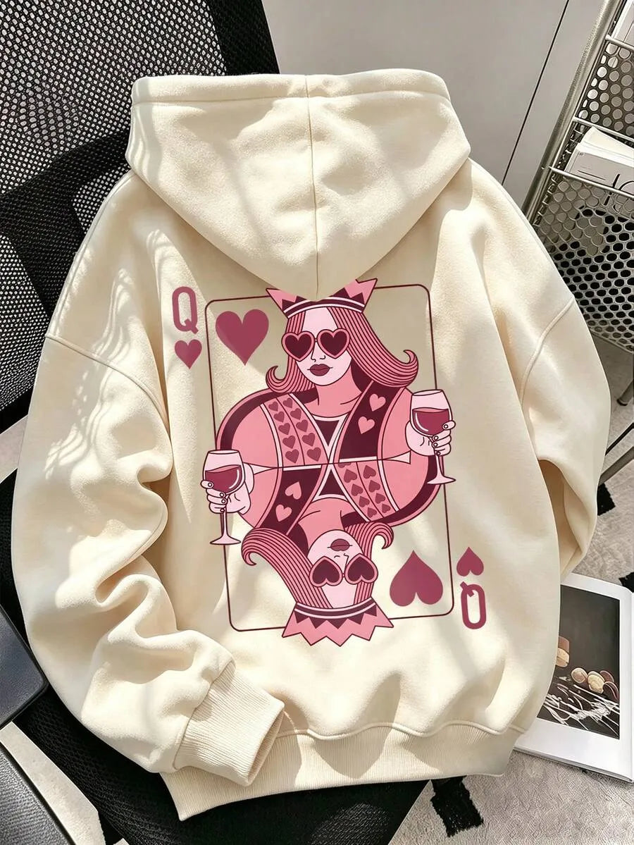 SHEIN هودي نسائي فضفاض بطبعة بوكر وبورتريه وجيب بلون المشمش الفاتح