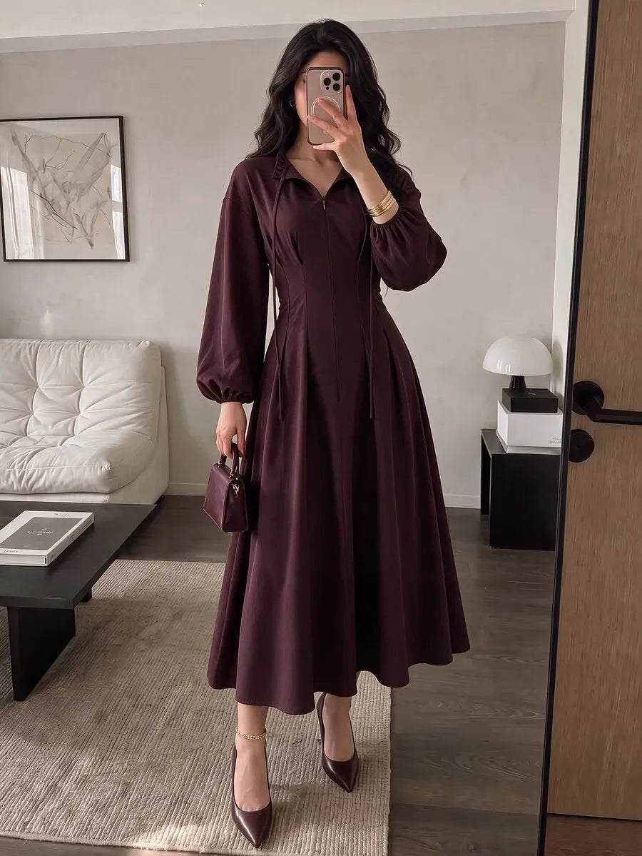 SHEIN NOVVYNE فستان ميدي بياقة وربطة وأكمام فانوس وكشكشة بلون عنابي
