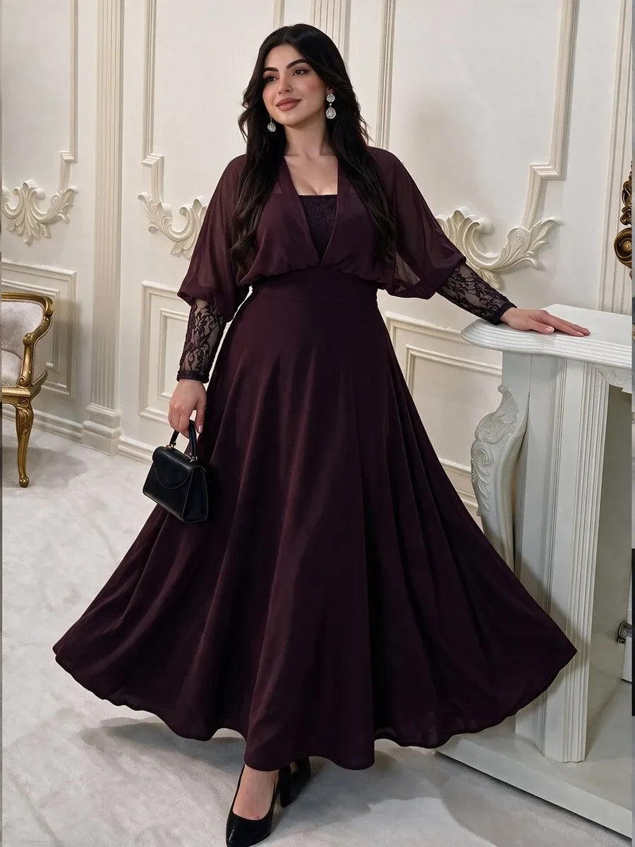SHEIN Modelyn فستان نسائي بياقة وأكمام دانتيل بلون أحمر بنفسجي