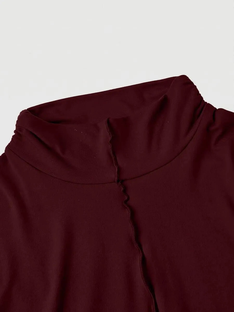 SHEIN Skyraze فستان نسائي طويل محبوك بياقة عالية وأكمام كاب بلون عنابي
