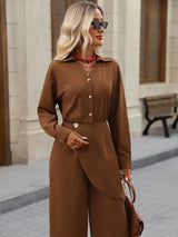 SHEIN Brillora جمبسوت نسائي بتصميم ملتف وياقة وساق واسعة بلون بني