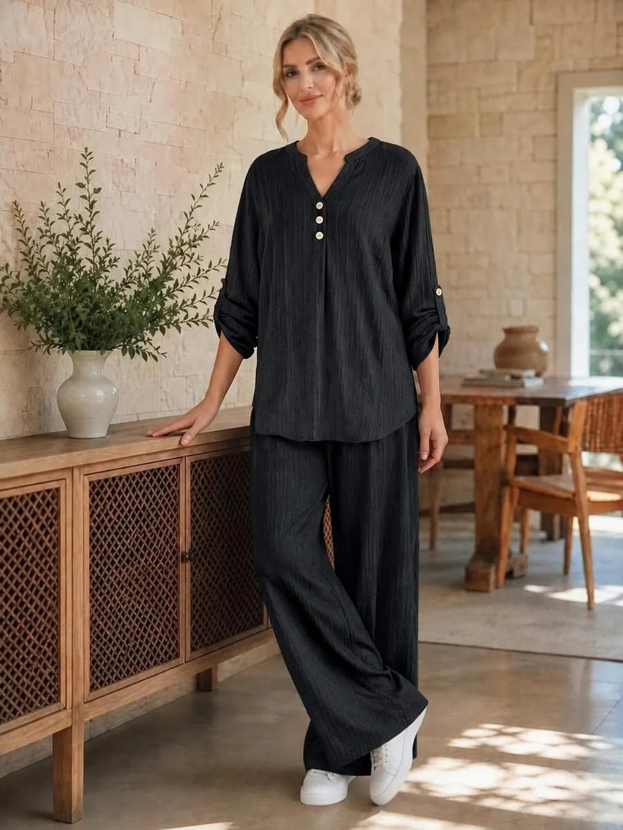 SHEIN EMERY ROSE طقم نسائي قطعتين بلوزة بأزرار وبنطال واسع بلون بني