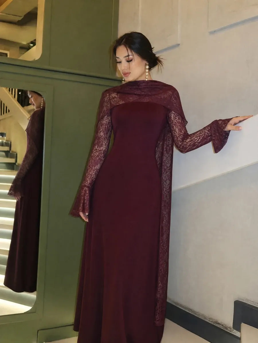 SHEIN Modelyn فستان طويل ضيق بياقة دائرية وأكمام واسعة وتفاصيل دانتيل بلون عنابي