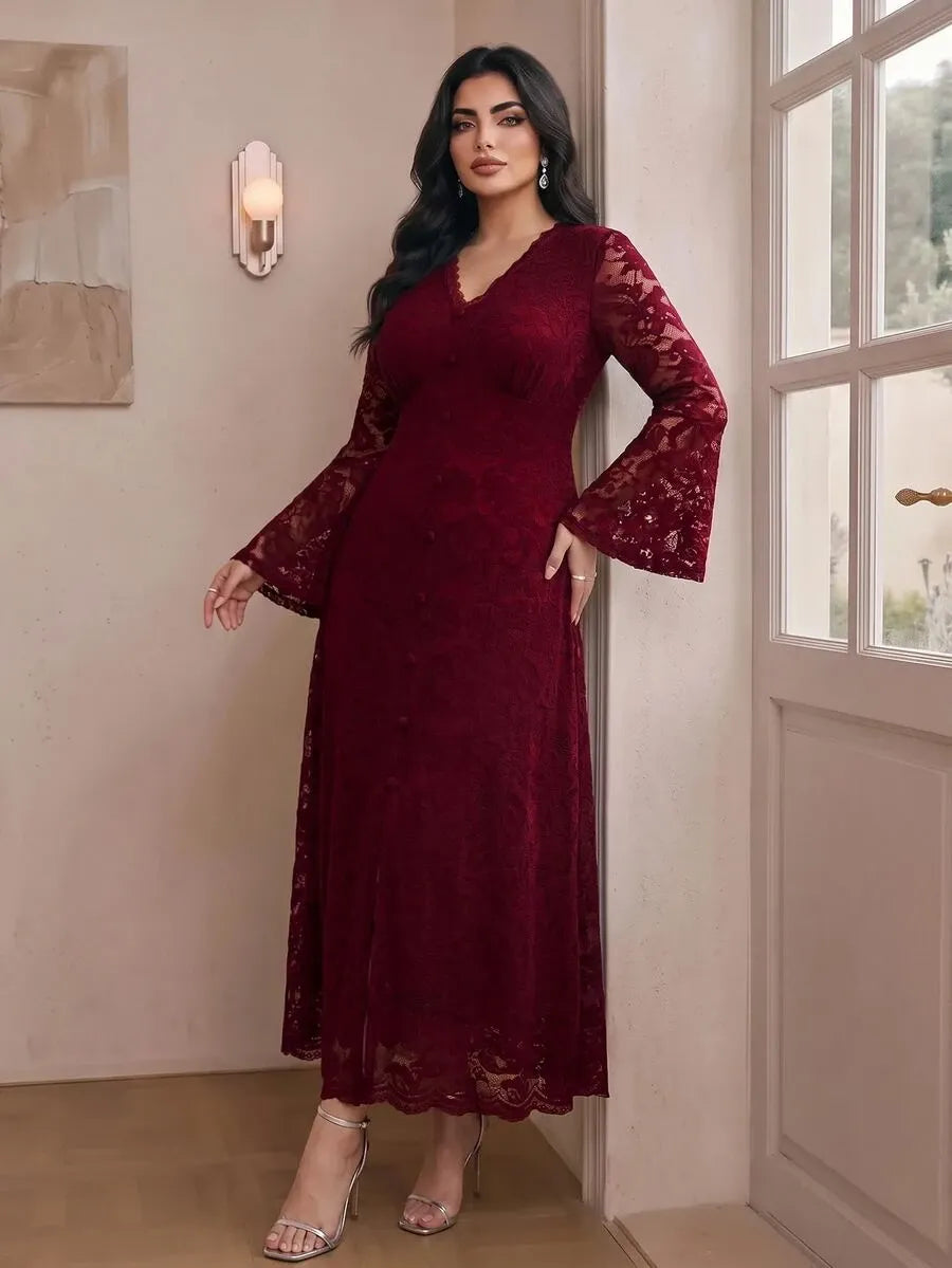 SHEIN Modelyn فستان نسائي طويل من الدانتيل بياقة وأكمام جرس وشق جانبي بلون عنابي
