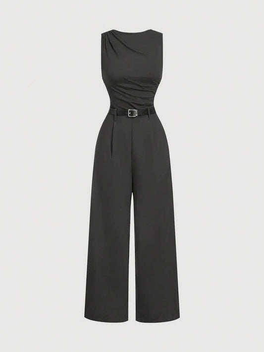 SHEIN MOD جمبسوت رمادي داكن بكشكشة جانبية وحزام خصر من