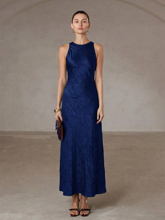 SHEIN Aveloria Modichic A-Line فستان أزرق كحلي طويل ساتان أسيتات بدون أكمام