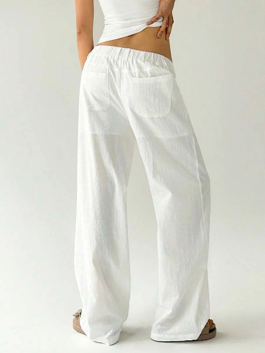 SHEIN Easelle بنطلون نسائي واسع بخصر منخفض جداً وجيوب وأزرار أمامية بلون أبيض