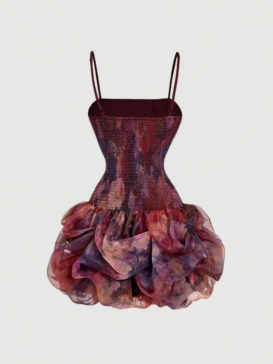 SHEIN MOD فستان ميني نسائي بأشرطة رفيعة وكورسيه وحافة مكشكشة بنقشة زهور متعدد الألوان