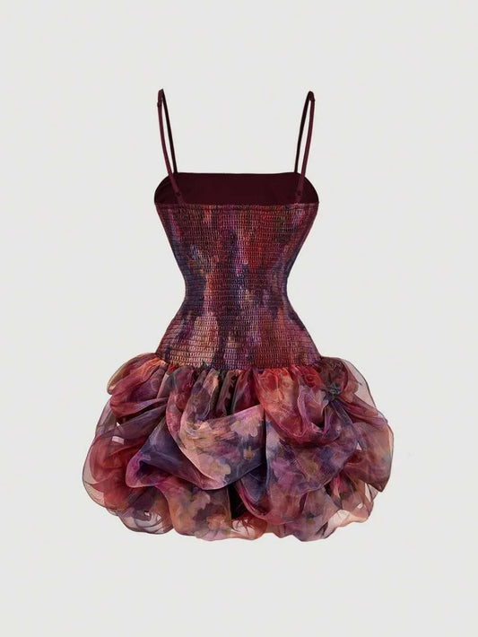 SHEIN MOD فستان ميني نسائي بأشرطة رفيعة وكورسيه وحافة مكشكشة بنقشة زهور متعدد الألوان