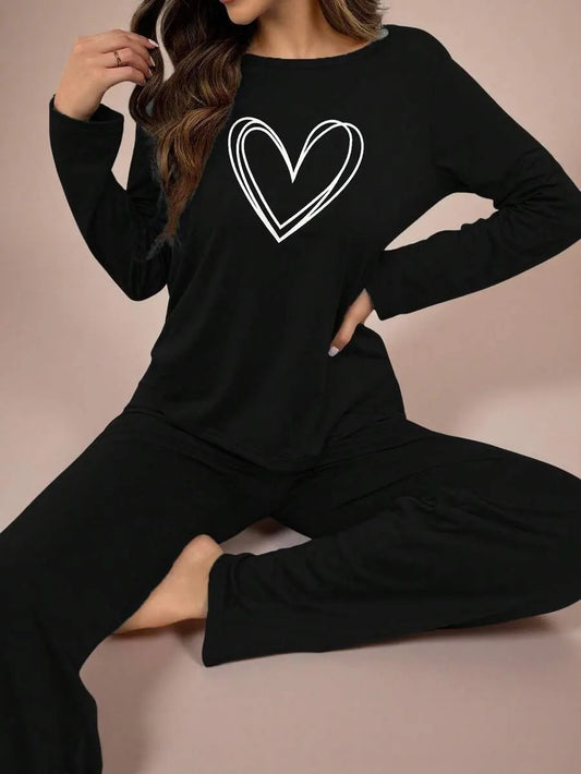 SHEIN Lazeform طقم بيجامة قطعتين بأكمام طويلة وبنطلون بطبعة قلوب بلون أسود