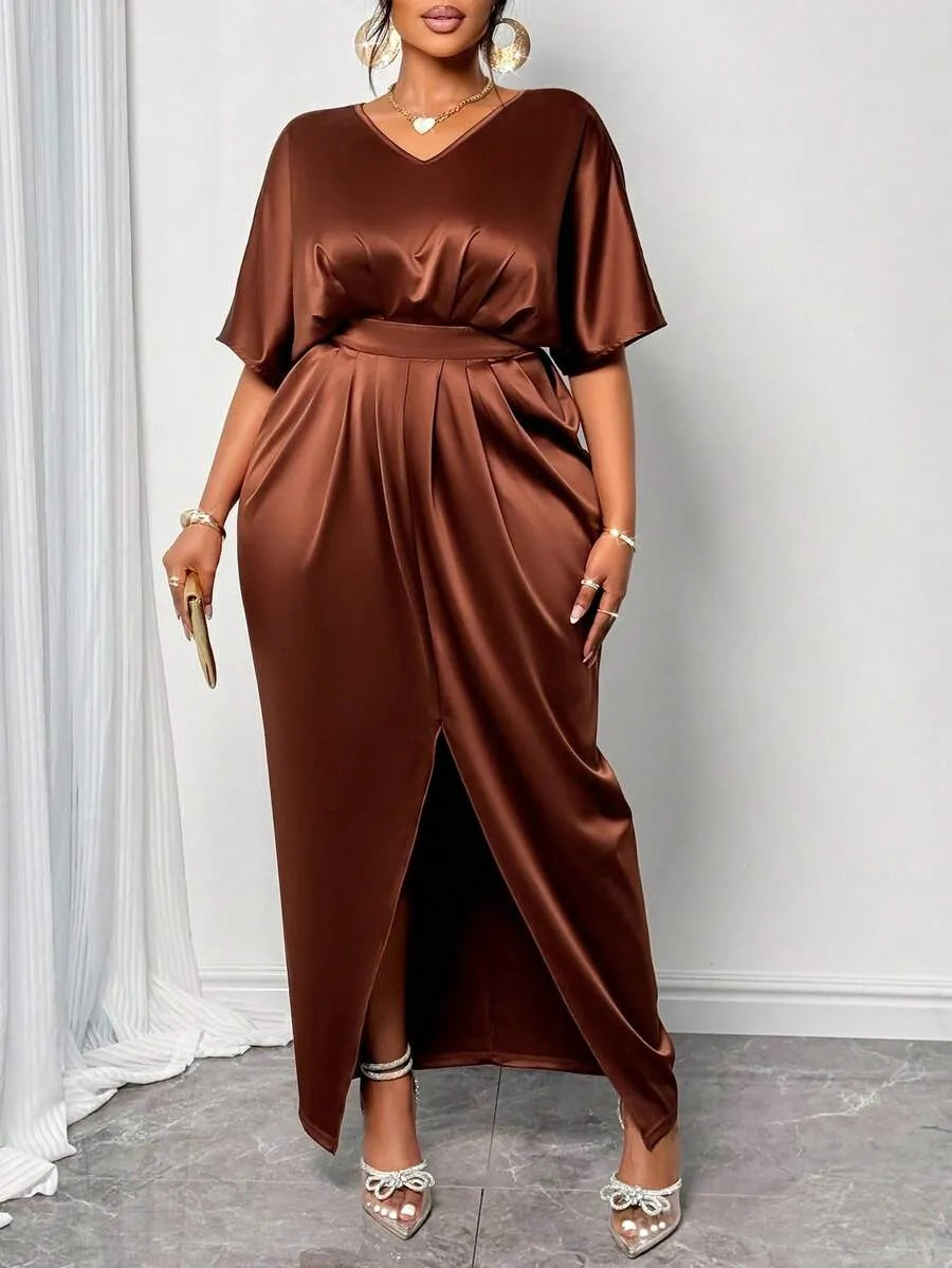 SHEIN SOLERSUN فستان نسائي ماكسي أنيق بلون بني لامع