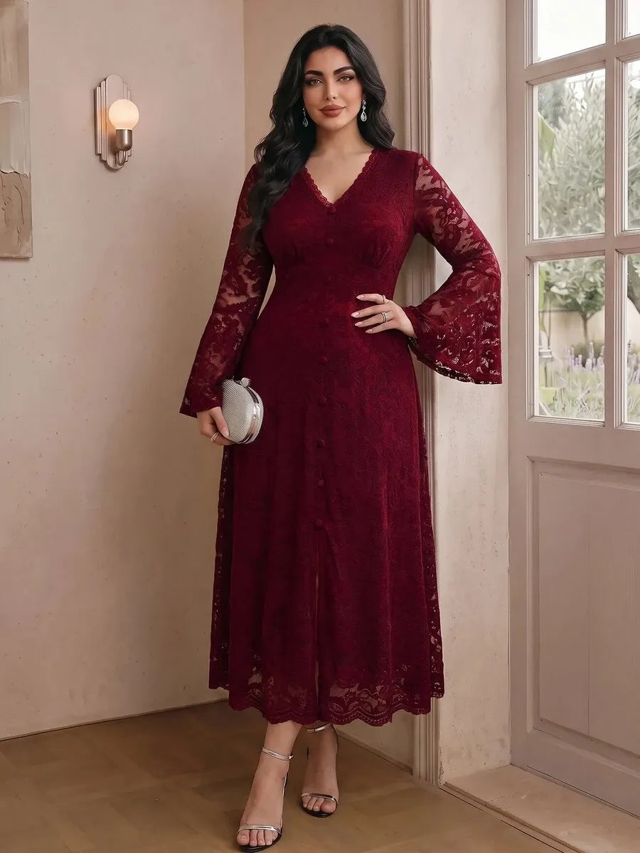 SHEIN Modelyn فستان نسائي طويل من الدانتيل بياقة وأكمام جرس وشق جانبي بلون عنابي