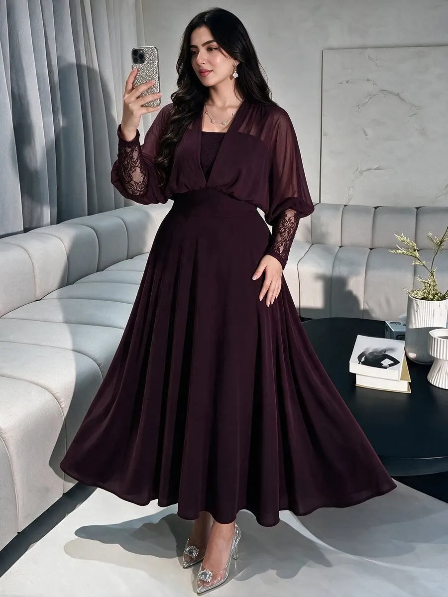 SHEIN Modelyn فستان نسائي بياقة وأكمام دانتيل بلون أحمر بنفسجي