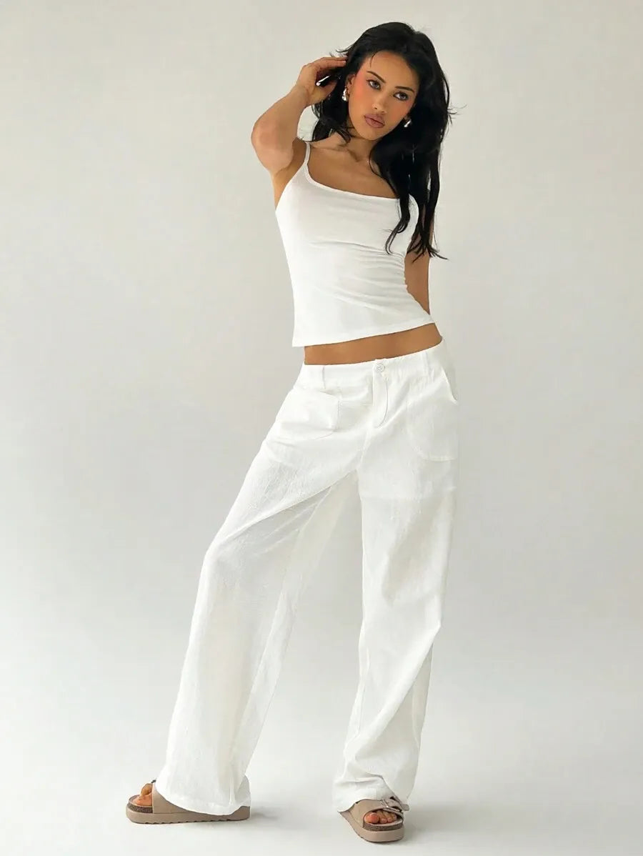 SHEIN Easelle بنطلون نسائي واسع بخصر منخفض جداً وجيوب وأزرار أمامية بلون أبيض