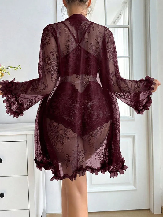 SHEIN Slumberist طقم نوم 3 قطع بلون كستنائي دانتيل وورود مع شورت
