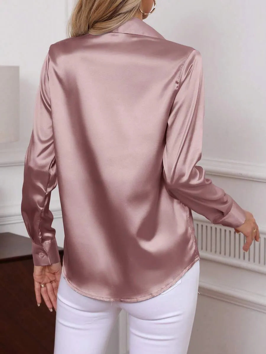 SHEIN قميص نسائي بأزرار أمامية وياقة وأكمام طويلة بلون وردي مغبر