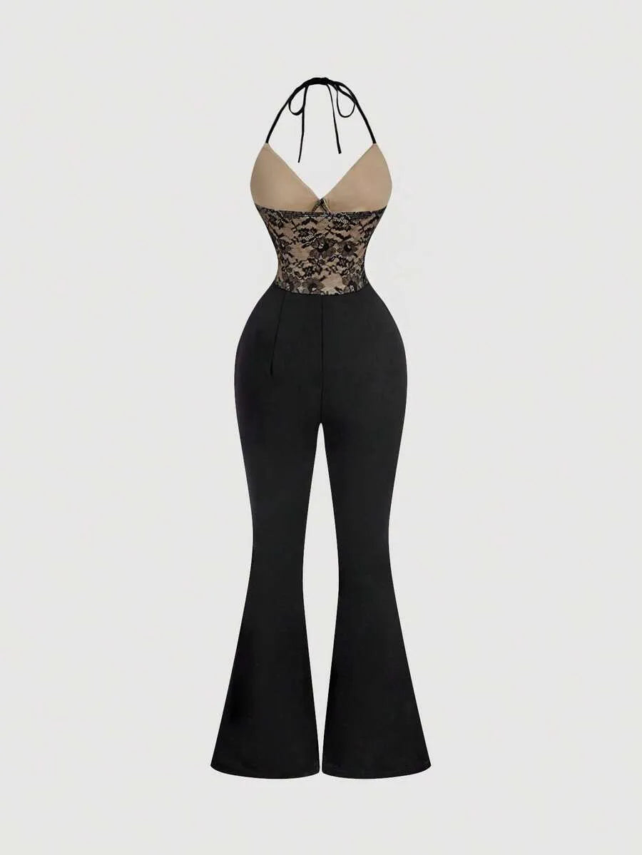 SHEIN MOD جمبسوت نسائي أنيق بياقة رسن وتفاصيل دانتيل بلون أسود