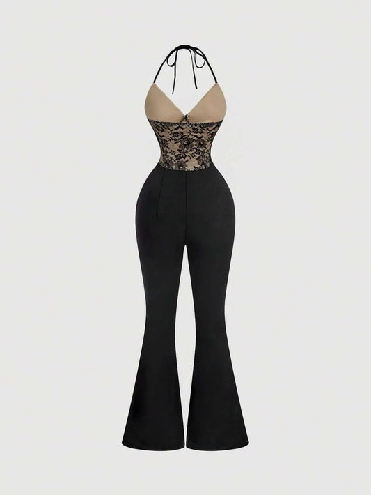 SHEIN MOD جمبسوت نسائي أنيق بياقة رسن وتفاصيل دانتيل بلون أسود