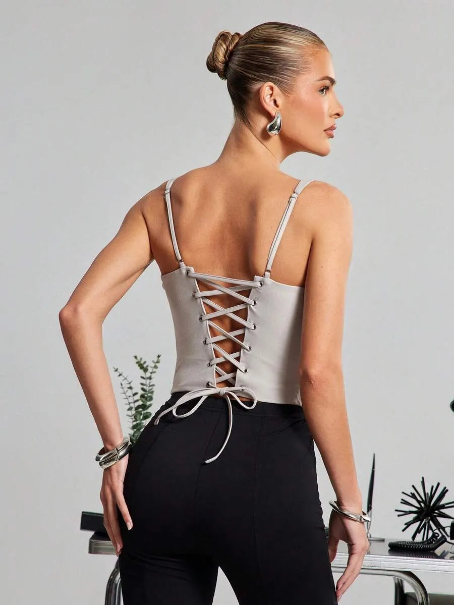 SHEIN Hauture توب منسوج بلون رمادي فاتح بتفاصيل حلقات ورباط خلفي