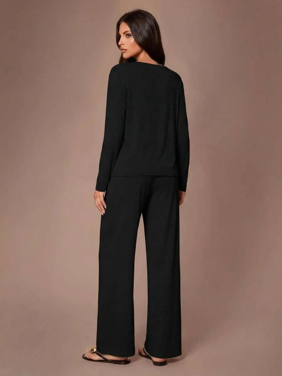 SHEIN Lazeform طقم بيجامة قطعتين بأكمام طويلة وبنطلون بطبعة قلوب بلون أسود