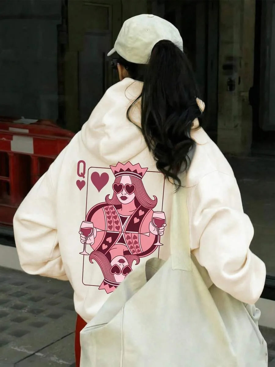 SHEIN هودي نسائي فضفاض بطبعة بوكر وبورتريه وجيب بلون المشمش الفاتح