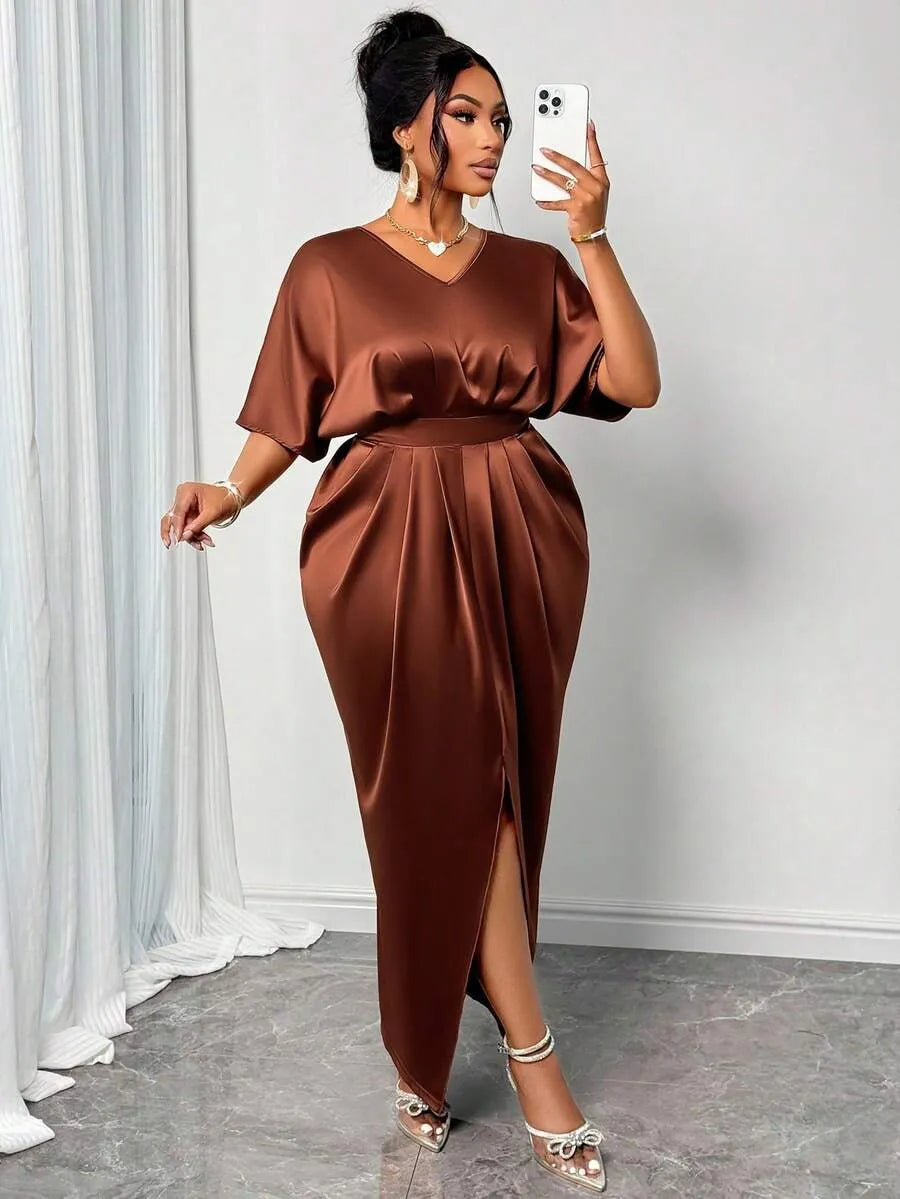 SHEIN SOLERSUN فستان نسائي ماكسي أنيق بلون بني لامع