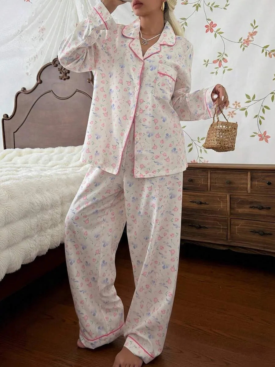 SHEIN CottageSlumber طقم بيجامة قطعتين كارديجان وبنطال طويل متعدد الألوان