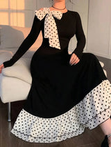 SHEIN Modelyn فستان ميدي بياقة دائرية وأكمام طويلة وفيونكة كبيرة ونقشة نقاط بالأبيض والأسود