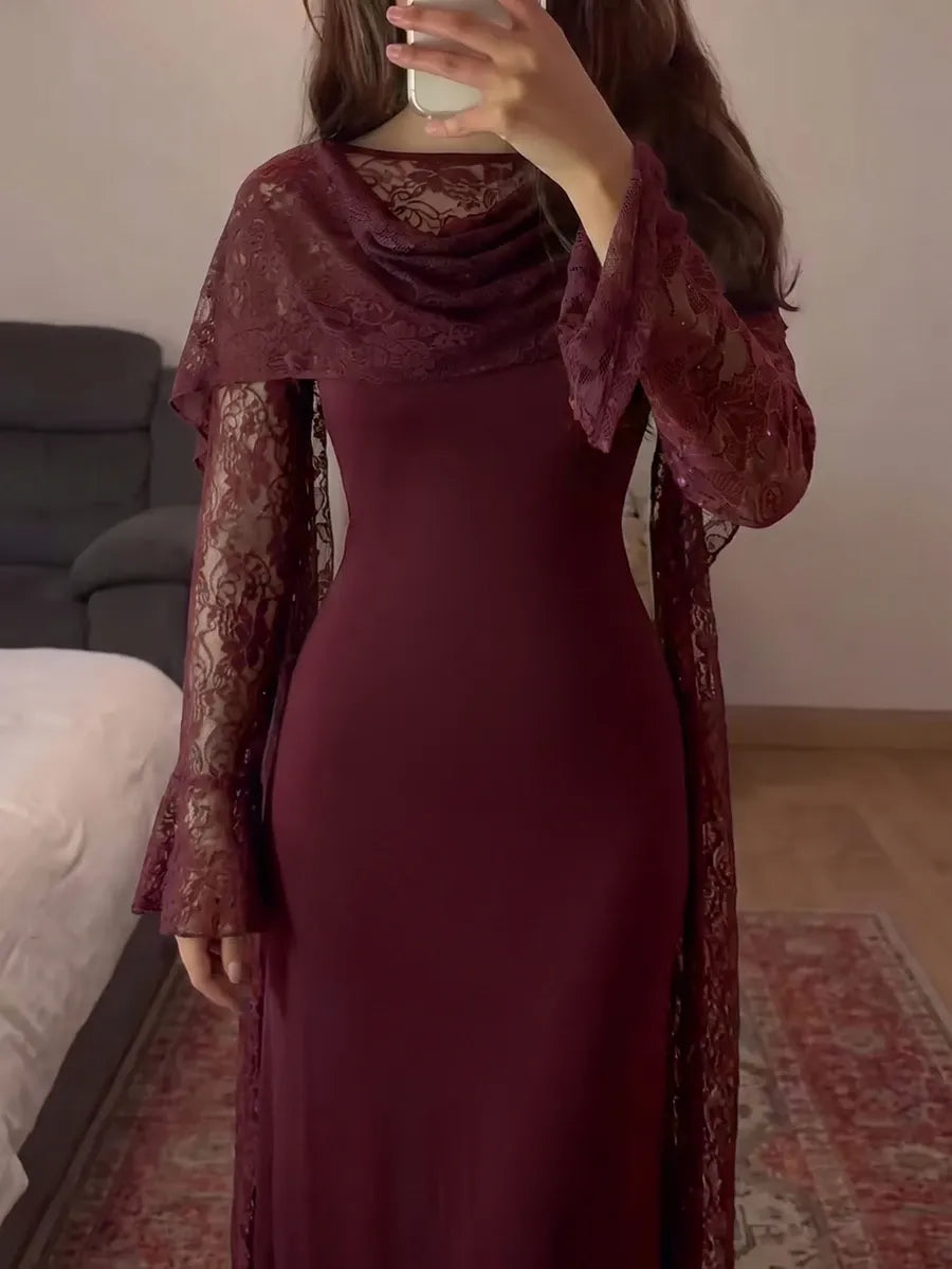 SHEIN Modelyn فستان طويل ضيق بياقة دائرية وأكمام واسعة وتفاصيل دانتيل بلون عنابي