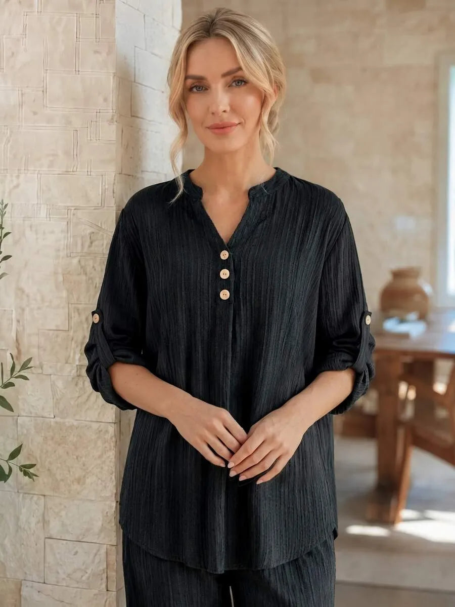 SHEIN EMERY ROSE طقم نسائي قطعتين بلوزة بأزرار وبنطال واسع بلون بني