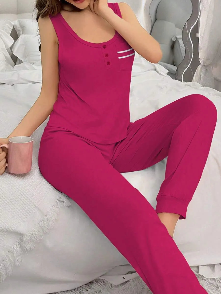 SHEIN طقم قطعتين بيجاما مخططة بتوب بدون أكمام وبنطلون طويل بلون روز أحمر