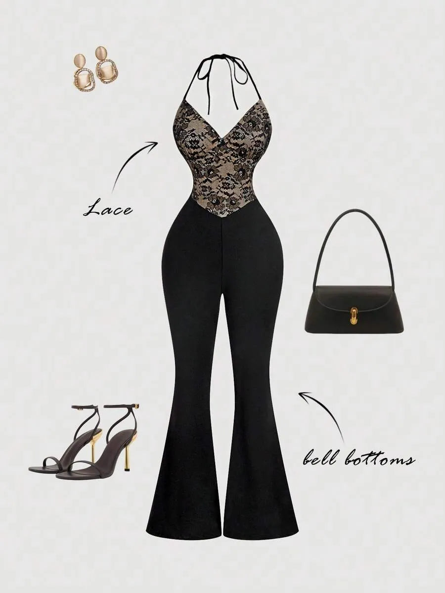 SHEIN MOD جمبسوت نسائي أنيق بياقة رسن وتفاصيل دانتيل بلون أسود