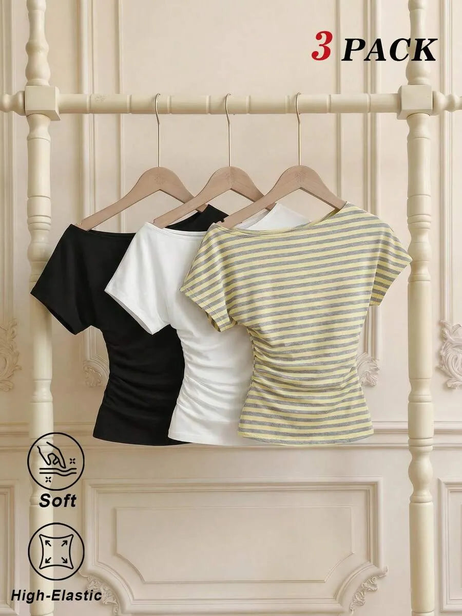 SHEIN MOD طقم 3 قطع تي شيرت نسائي بكتف غير متماثل مخطط متعدد الألوان