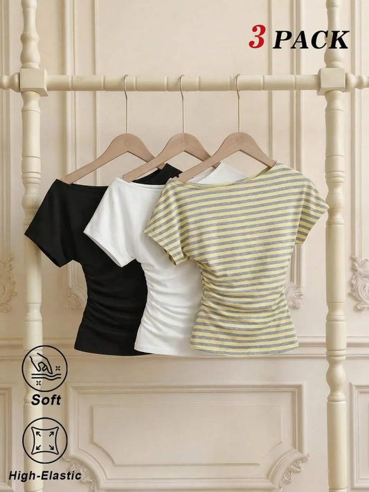 SHEIN MOD طقم 3 قطع تي شيرت نسائي بكتف غير متماثل مخطط متعدد الألوان