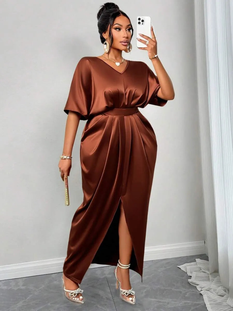 SHEIN SOLERSUN فستان نسائي ماكسي أنيق بلون بني لامع