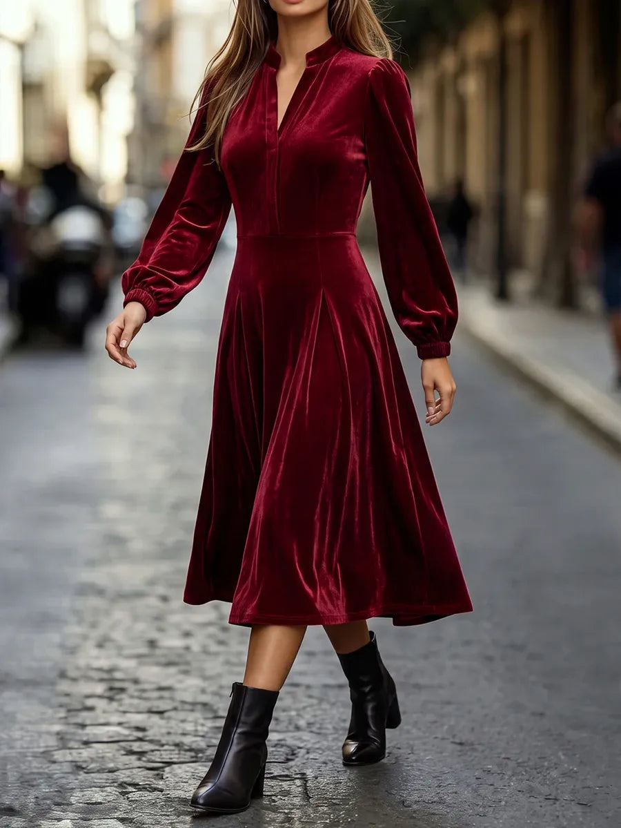 SHEIN Feyla فستان ميدي بياقة وأزرار أمامية بلون عنابي