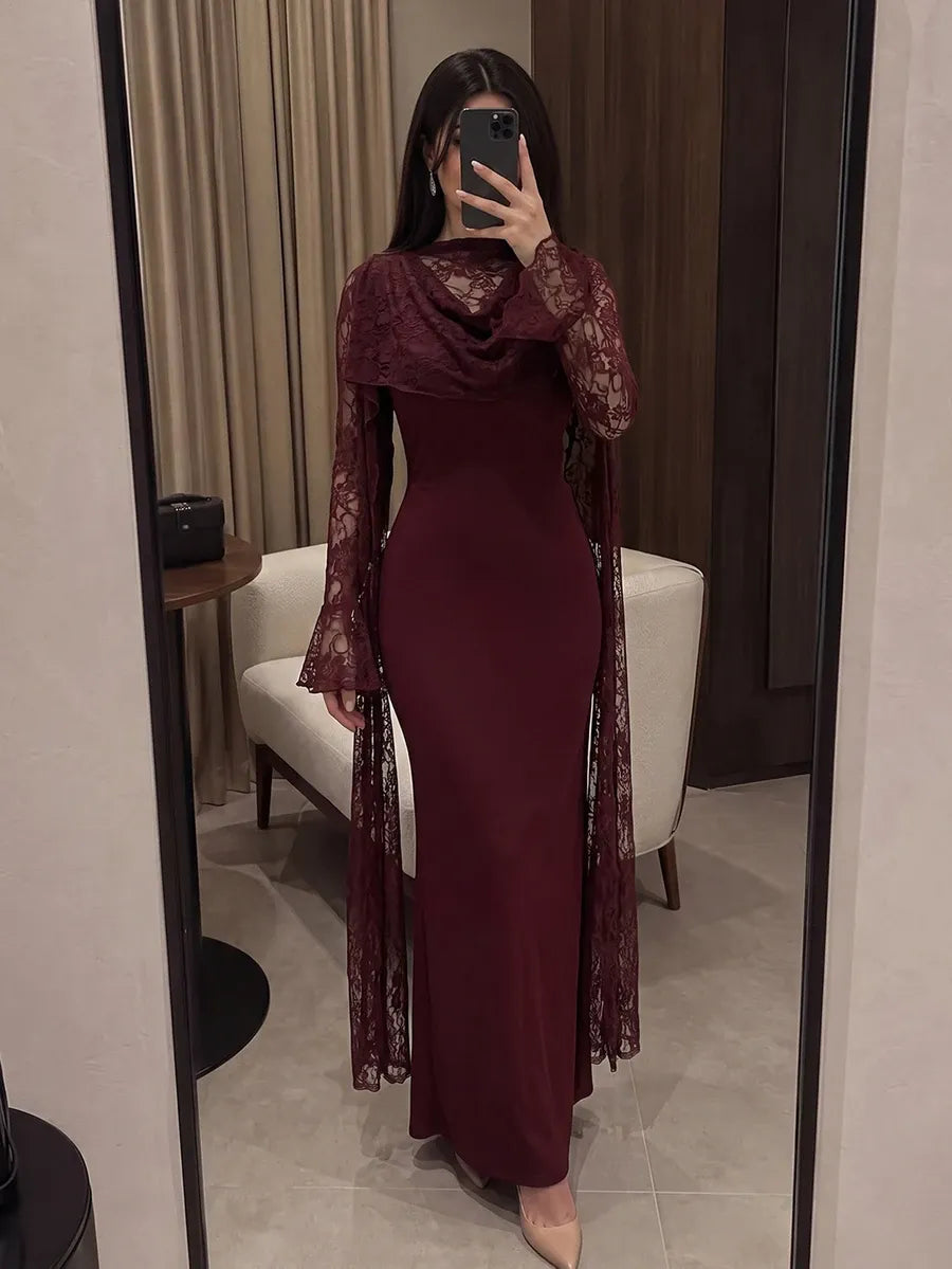 SHEIN Modelyn فستان طويل ضيق بياقة دائرية وأكمام واسعة وتفاصيل دانتيل بلون عنابي