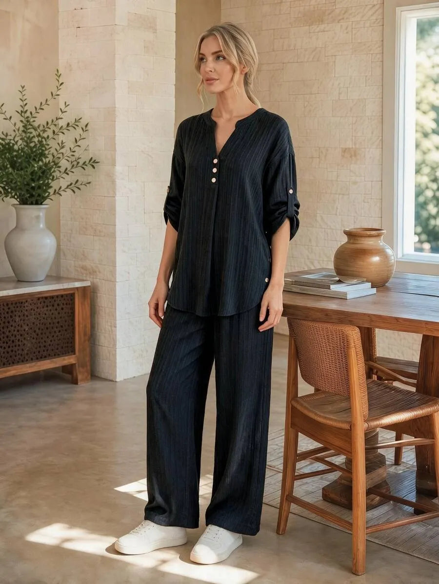 SHEIN EMERY ROSE طقم نسائي قطعتين بلوزة بأزرار وبنطال واسع بلون بني