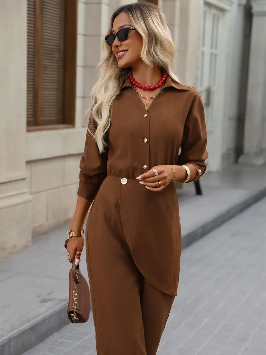 SHEIN Brillora جمبسوت نسائي بتصميم ملتف وياقة وساق واسعة بلون بني