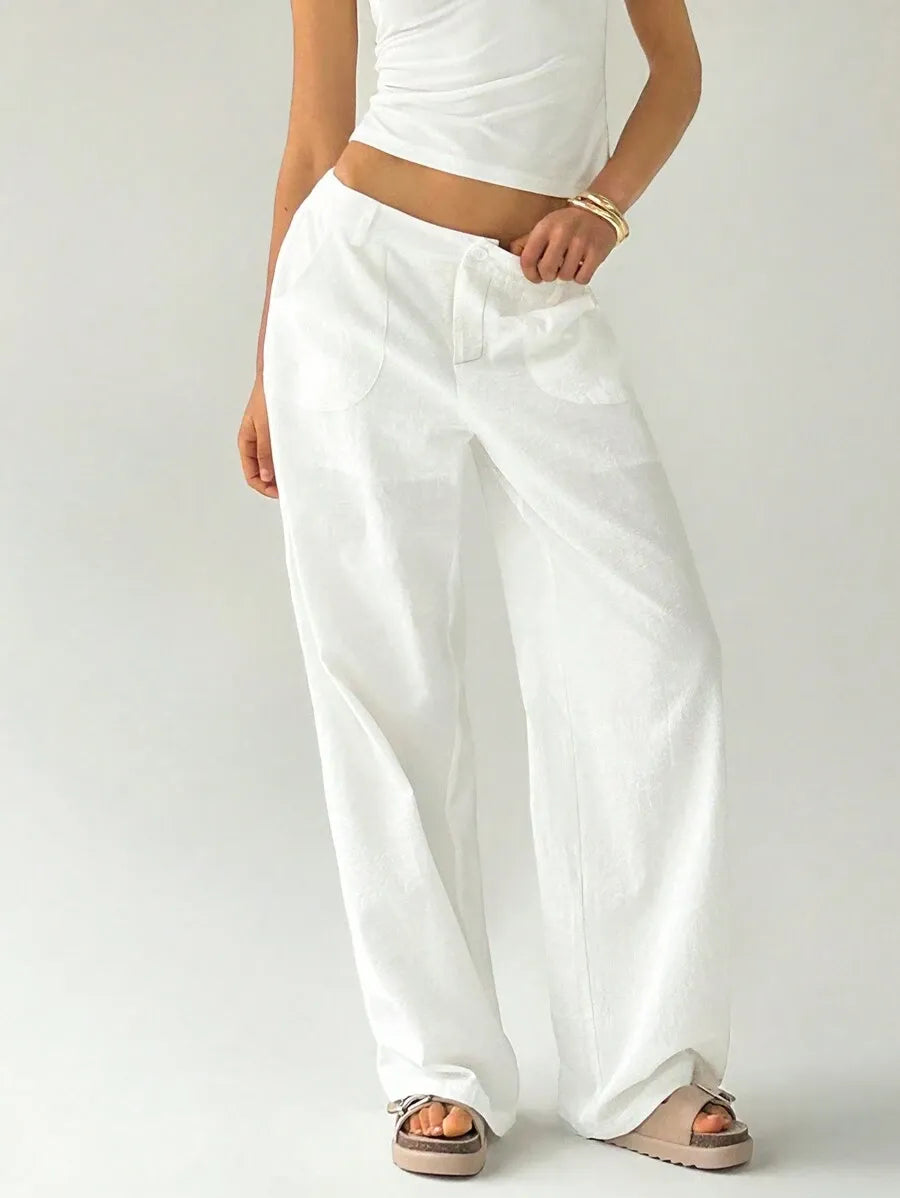 SHEIN Easelle بنطلون نسائي واسع بخصر منخفض جداً وجيوب وأزرار أمامية بلون أبيض