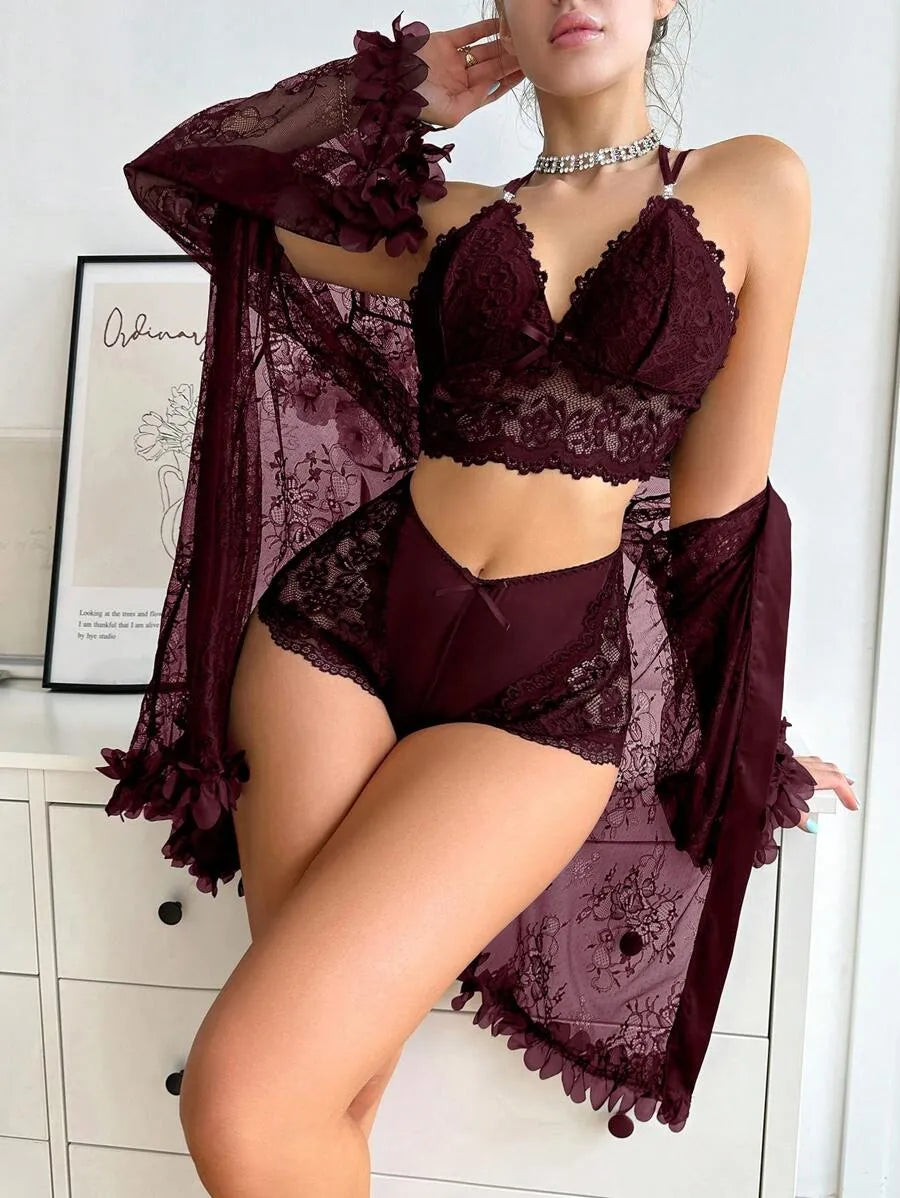 SHEIN Slumberist طقم نوم 3 قطع بلون كستنائي دانتيل وورود مع شورت