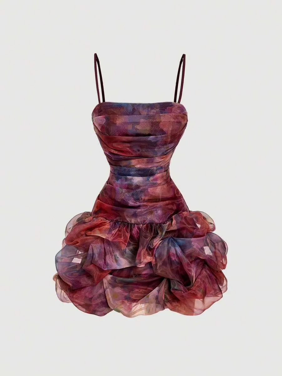 SHEIN MOD فستان ميني نسائي بأشرطة رفيعة وكورسيه وحافة مكشكشة بنقشة زهور متعدد الألوان