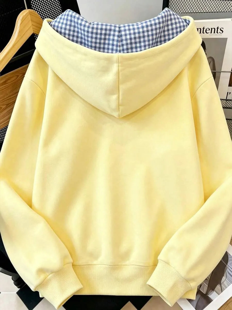 SHEIN Resyla هودي نسائي فضفاض بنقشة كاروهات وسحاب وجيب بلون أصفر